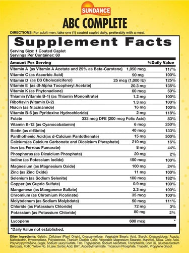 Sundance ABC Complete Mens Multivitamin & Mineral Formula - 60 Coated Caplets | ساندانس ABC كومبليت مالتي فيتامين ومعادن للرجال - 60 قرص مغلف