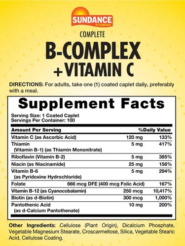 Sundance Complete B-Complex with Vitamin C - 100 Coated Caplets | ساندانس كومبليت ب-كومبلكس مع فيتامين سي - 100 قرص مغلف