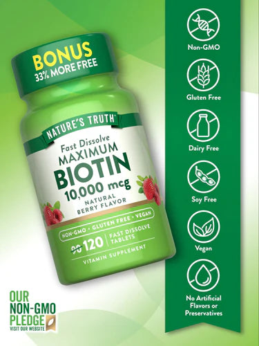 Nature's Truth Maximum Biotin 10000mcg - 120 Fast Dissolve Tablets|  نيتشرس تروث بيوتين ماكسيموم 10000 مايكروغرام - 120 قرصًا سريع الذوبان بالفم