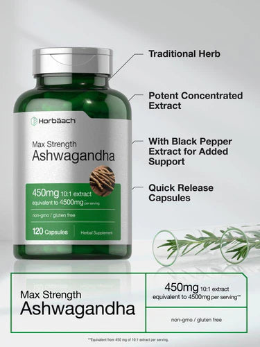 Horbäach Aswagandha 450mg - 120 Capsules | هورباخ مكمل عشبي أشواغاندا قوة قصوى 450 ملغ - 120 كبسولة