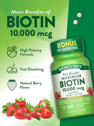Nature's Truth Maximum Biotin 10000mcg - 120 Fast Dissolve Tablets|  نيتشرس تروث بيوتين ماكسيموم 10000 مايكروغرام - 120 قرصًا سريع الذوبان بالفم