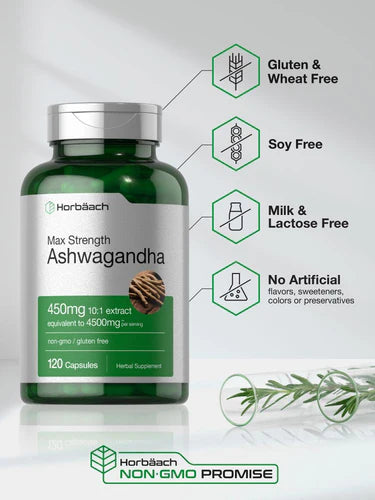 Horbäach Aswagandha 450mg - 120 Capsules | هورباخ مكمل عشبي أشواغاندا قوة قصوى 450 ملغ - 120 كبسولة