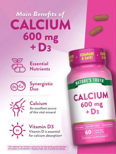 Nature's Truth Calcium 600 mg with Vitamin D3 - 60 Coated Caplets | نيتشرس تروث كالسيوم 600 ملغم مع فيتامين د3 - 60 قرصًا مغلفًا