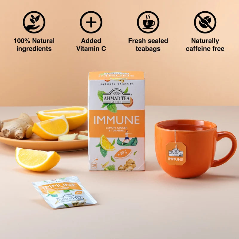 Ahmad Tea Immune Lemon Ginger Turmenic +Vit C 20 Pcs - 30g  | شاي أحمد شاي أعشاب طبيعي بنكهة الليمون والزنجبيل والكركم - 30غ
