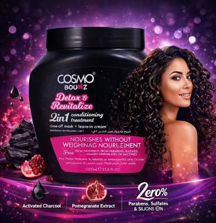 COSMO COSMETICS HAIR TREATMENT 2IN1 DETOX - 1000ml | كوزمو كوزمتكس علاج شعر 2 في 1 بالفحم النشط – 1000 مل
