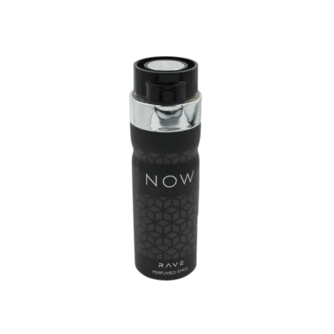 NOW RAVE perfumed spray, black cylindrical bottle, silver band, white text branding, 1080ml visible packaging 