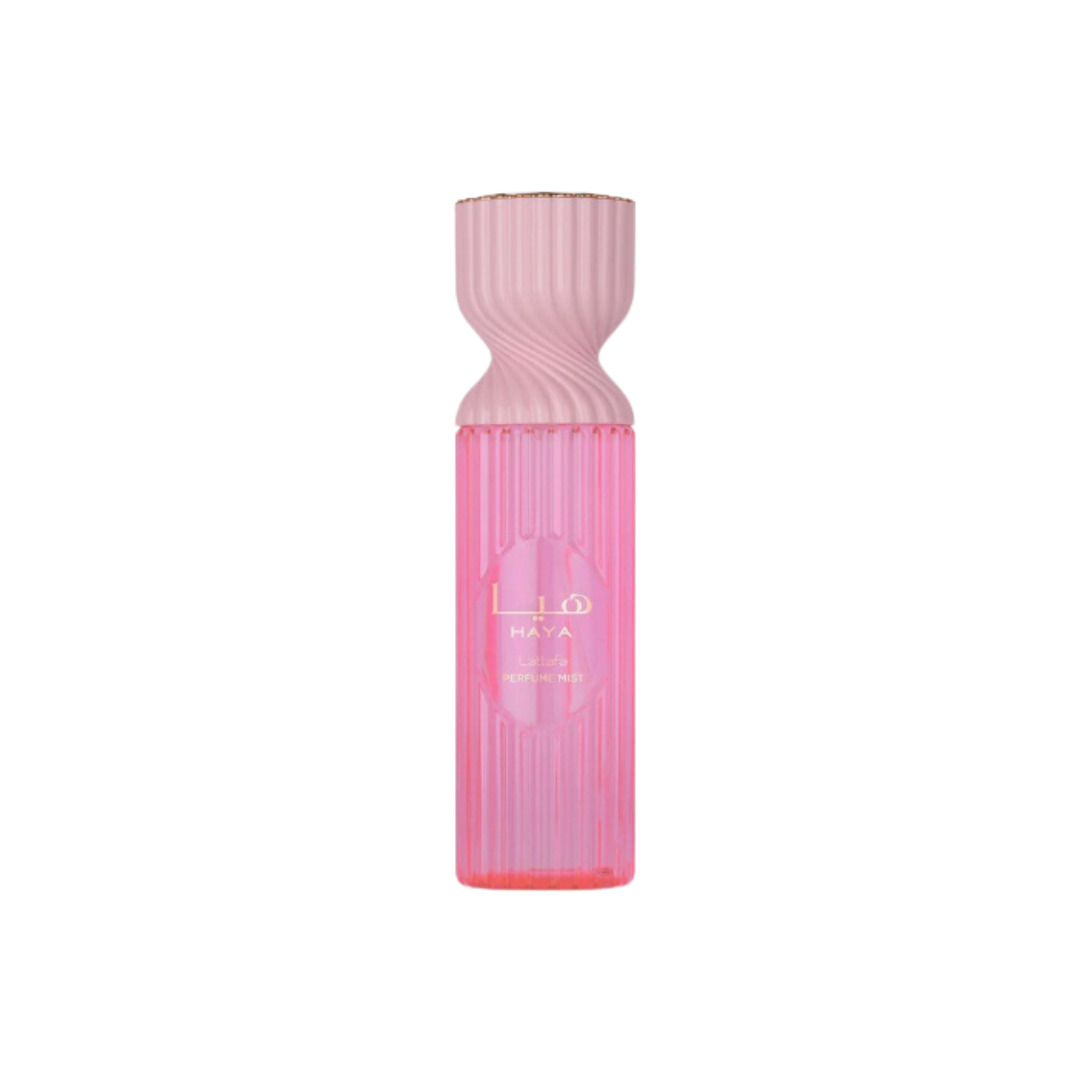Lattafa Haya Perfume Mist, 250 ml, with a pink, fluted bottle.