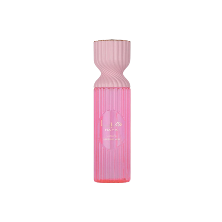 Lattafa Haya Perfume Mist, 250 ml, with a pink, fluted bottle.