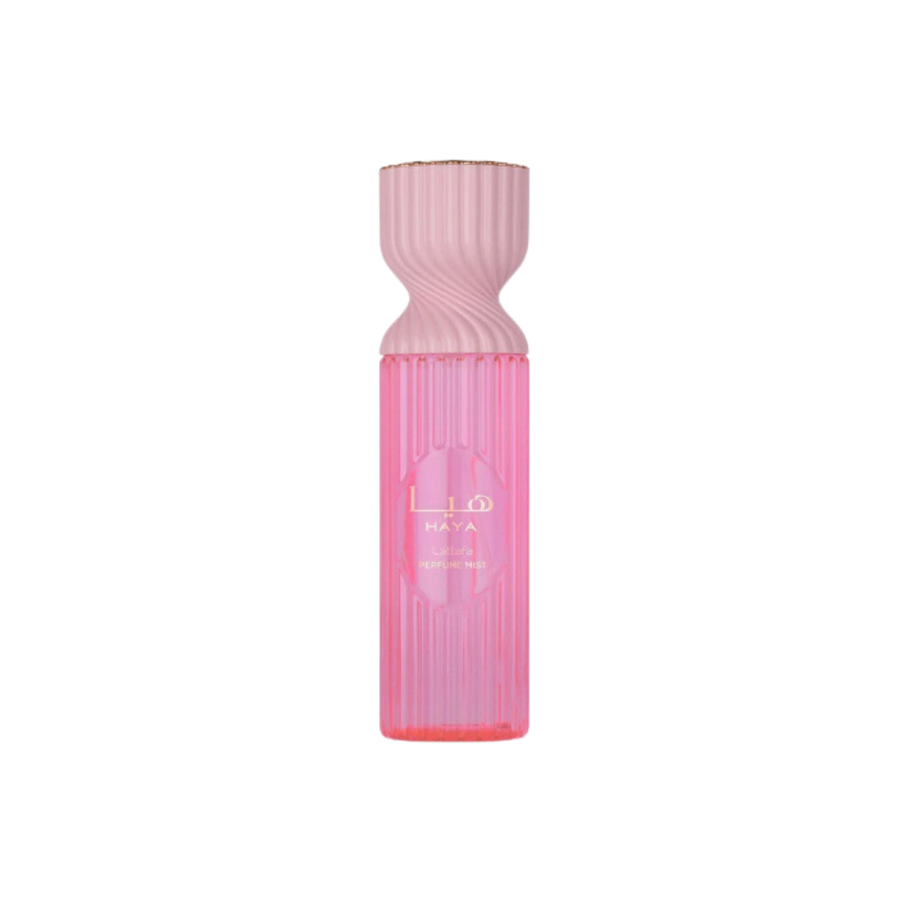 Lattafa Haya Perfume Mist, 250 ml, with a pink, fluted bottle.