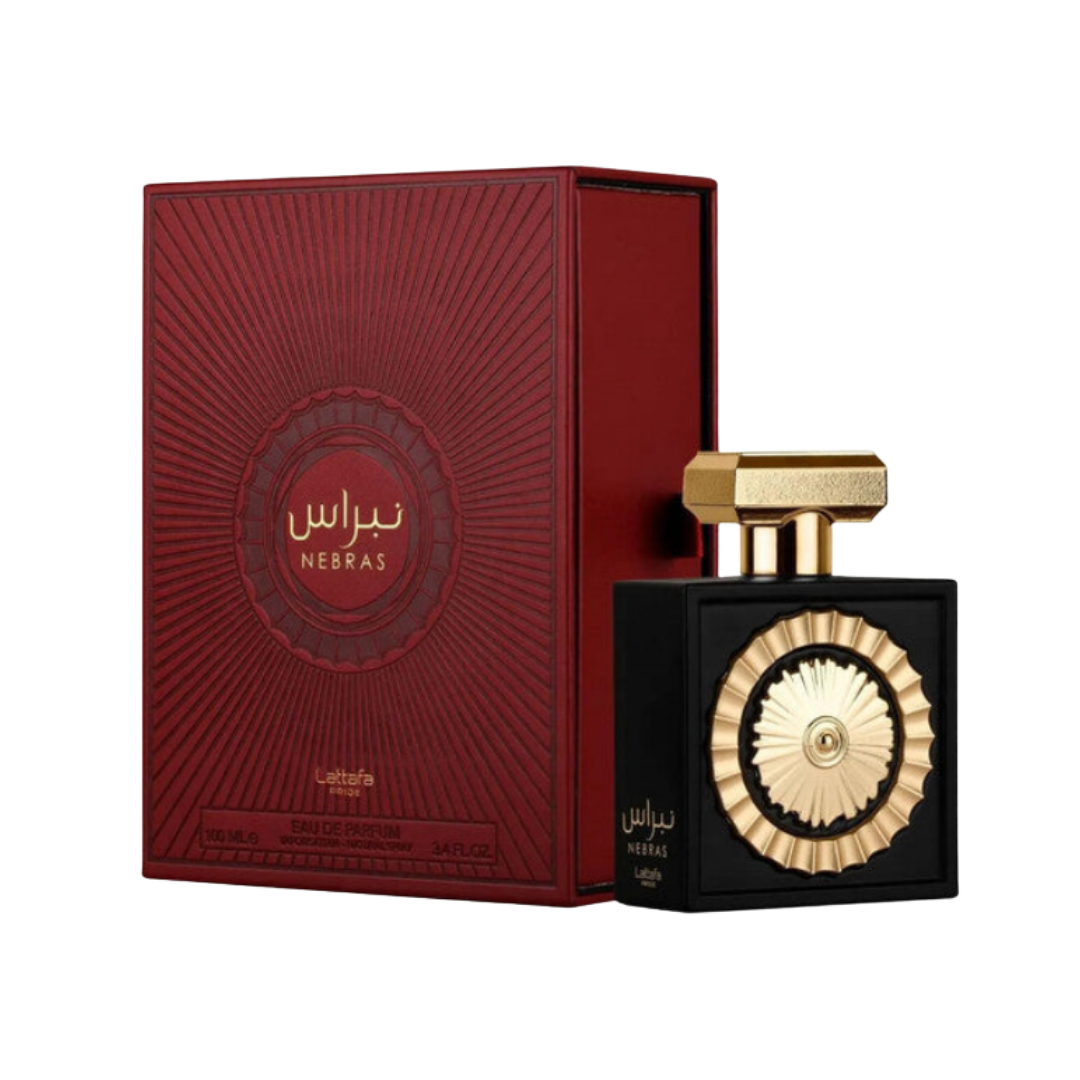 Lattafa Nebras Eau De Parfum, 100ml, a luxurious fragrance in a black and gold bottle with a red box.
