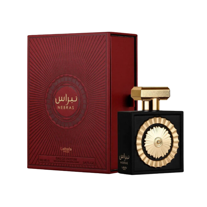 Lattafa Nebras Eau De Parfum, 100ml, a luxurious fragrance in a black and gold bottle with a red box.