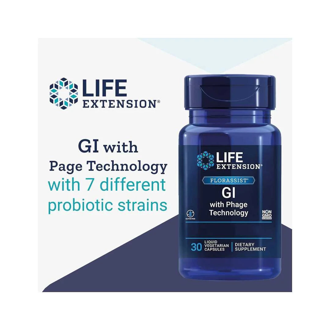Life Extension FLORASSIST Probiotic GI with Phage Technology - 30 Liquid Vegetarian Capsules |لايف إكستنشن فلوراسيست بروبيوتيك لصحة الجهاز الهضمي- 30 كبسولة نباتية
