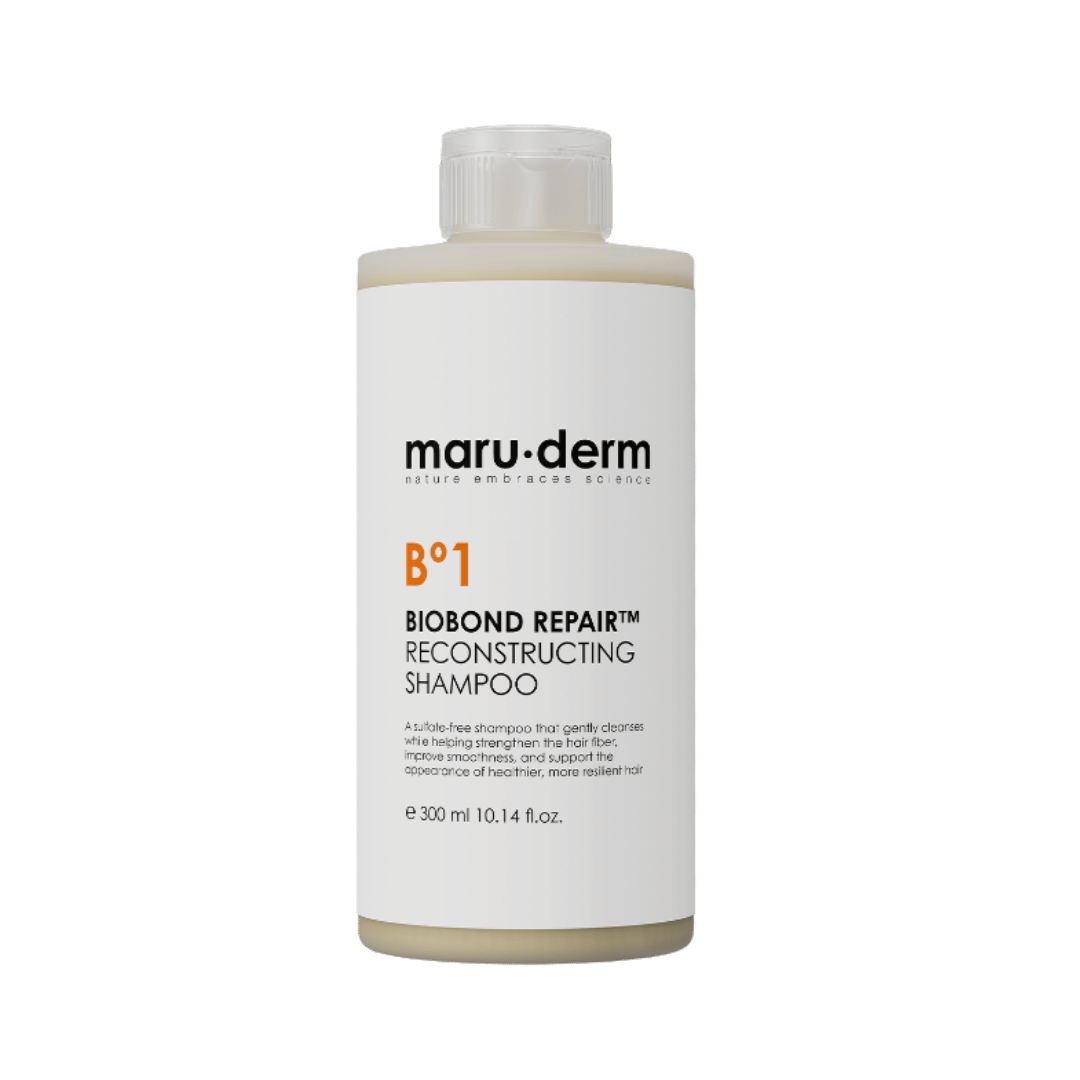 Maru.derm BioBond Repair reconstructing shampoo, 300ml beige bottle with white label and screw cap.