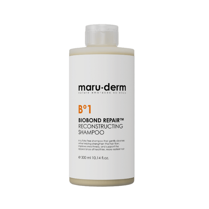 Maru.derm BioBond Repair reconstructing shampoo, 300ml beige bottle with white label and screw cap.