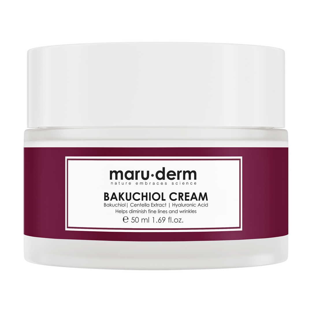 Maru derm Bakuchiol cream 50ml white jar with maroon label and screw lid