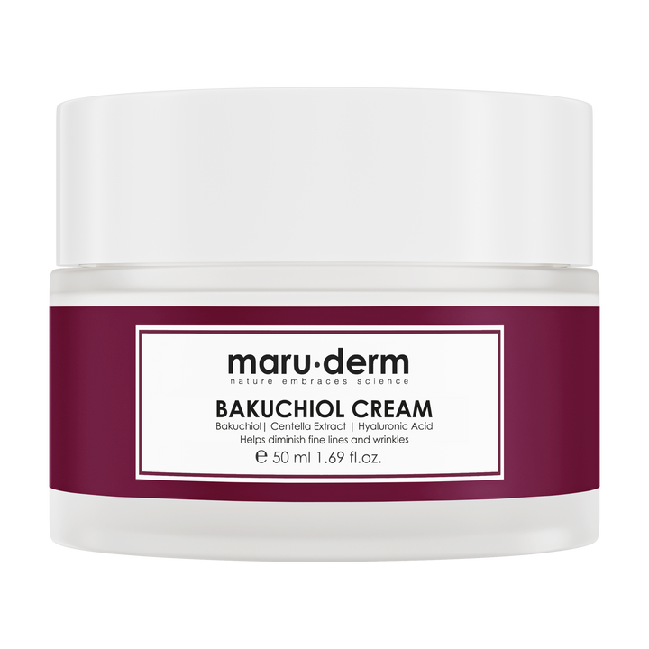 Maru derm Bakuchiol cream 50ml white jar with maroon label and screw lid