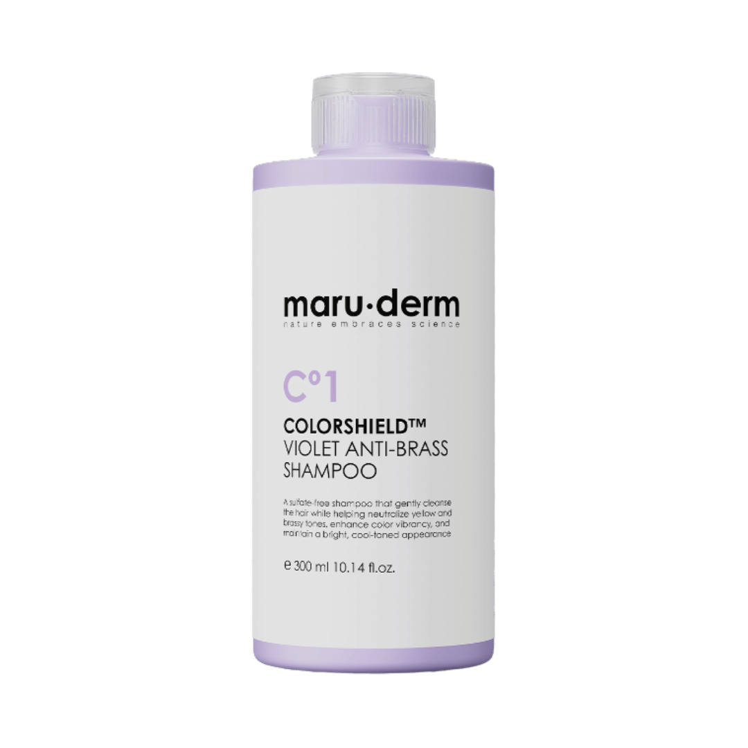 Maru.derm ColorShield C1 violet anti-brass shampoo, 300ml lavender bottle with white label and screw cap.