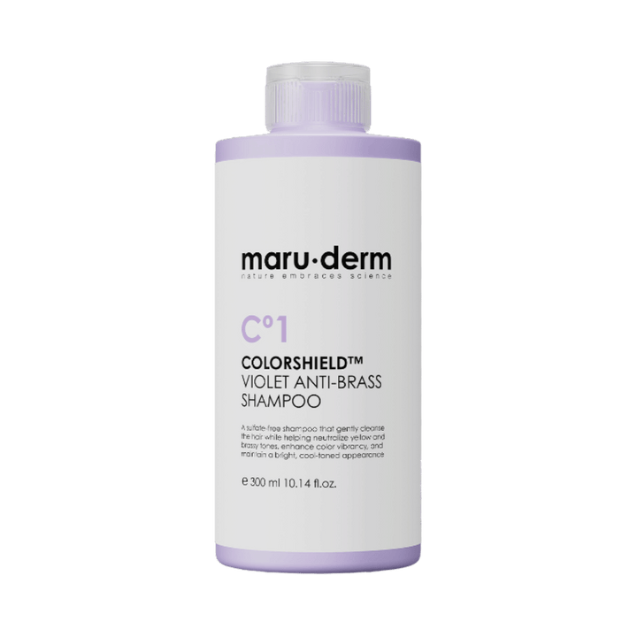 Maru.derm ColorShield C1 violet anti-brass shampoo, 300ml lavender bottle with white label and screw cap.