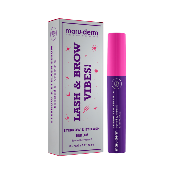 maru.derm Lash & Brow Vibes eyebrow and eyelash serum, 6.5 ml, purple tube with pink cap and box
