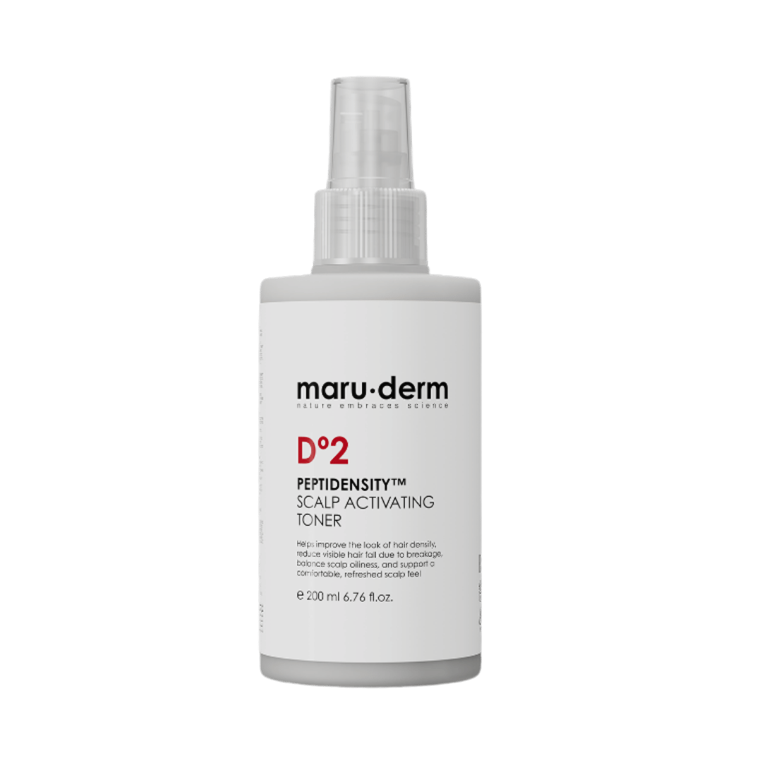 Maru.derm PeptiDensity scalp activating toner, 200ml white spray bottle with red D2 label.