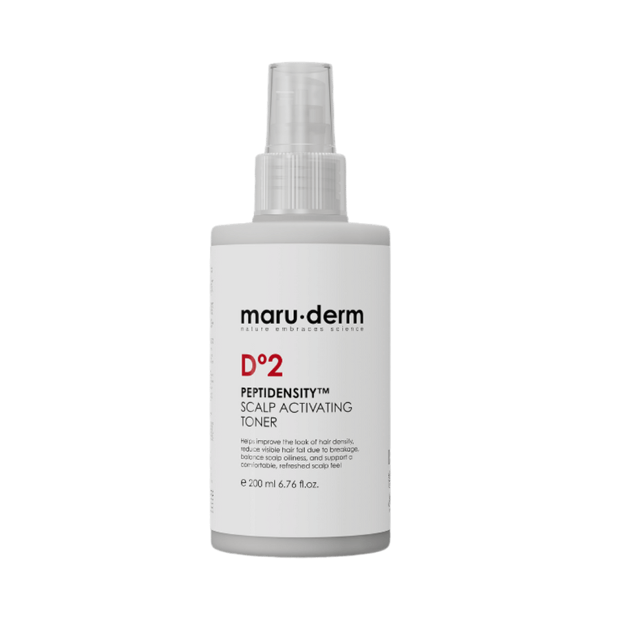 Maru.derm PeptiDensity scalp activating toner, 200ml white spray bottle with red D2 label.