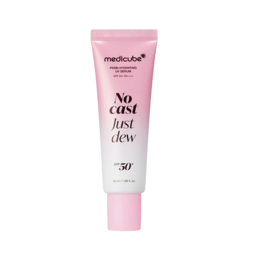 Medicube PDRN Hydrating UV Serum SPF 50+, 50 ml pink-and-white squeeze tube with pink cap.