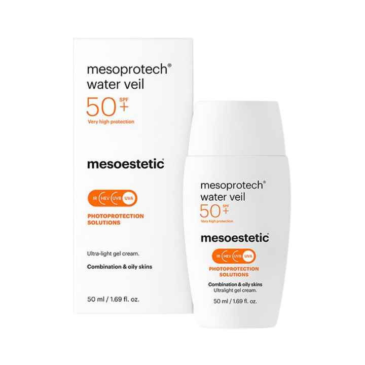 Mesoestetic Mesoprotech Water Veil SPF50+ sunscreen 50ml bottle and box ultralight gel cream packaging