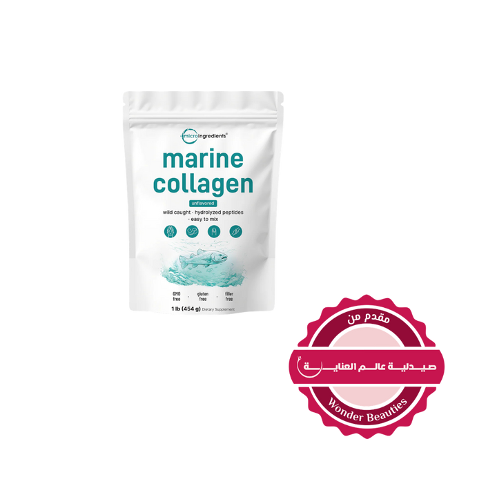 Micro Ingredients marine collagen powder unflavored 1 lb 454 g, hydrolyzed peptides dietary supplement pouch.