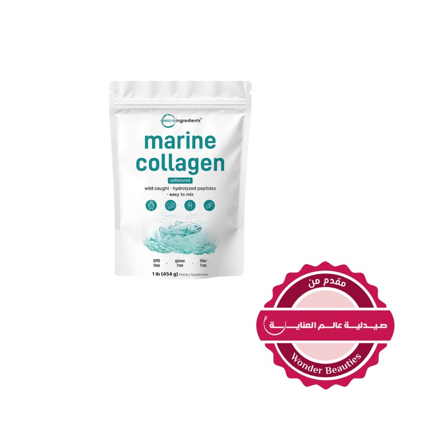 Micro Ingredients marine collagen powder unflavored 1 lb 454 g, hydrolyzed peptides dietary supplement pouch.
