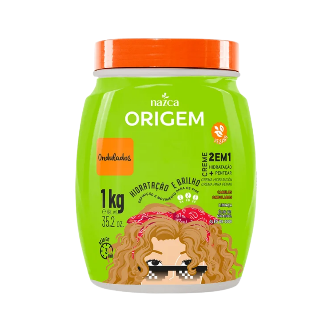 Nazca Origem Ondulados 2 in 1 Cream, 1kg. Provides hydration and shine for wavy hair. Vegan and enriched with coconut oil.

