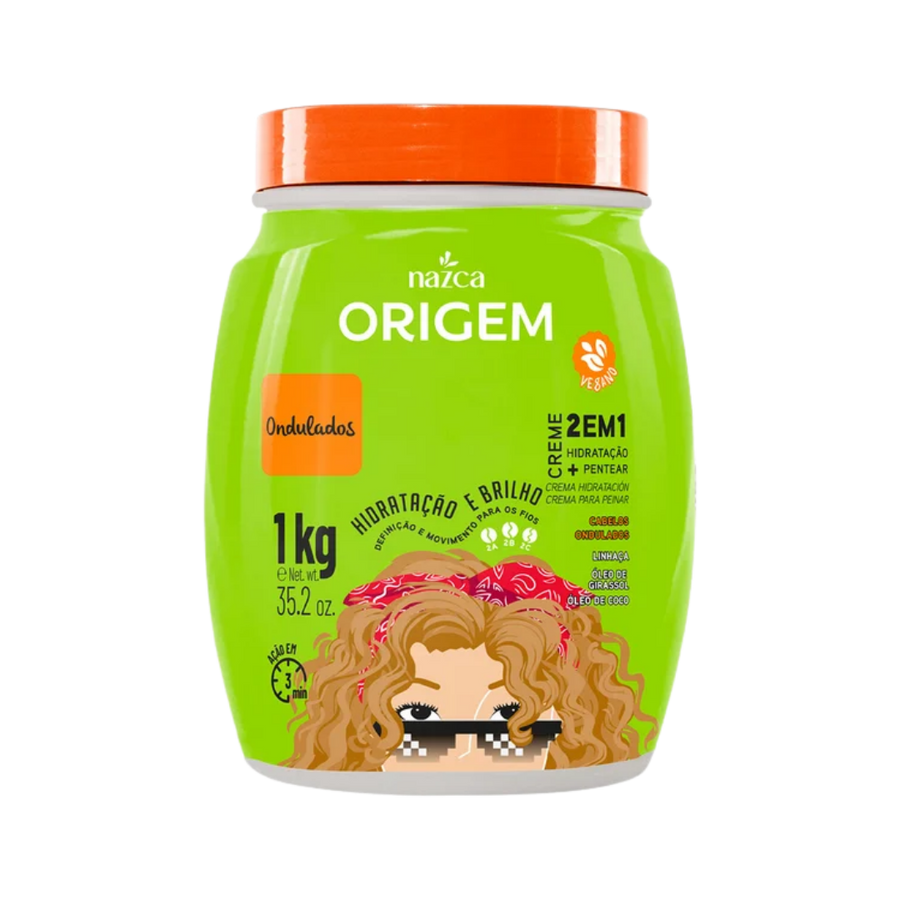 Nazca Origem Ondulados 2 in 1 Cream, 1kg. Provides hydration and shine for wavy hair. Vegan and enriched with coconut oil.
