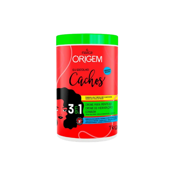 Nazca Origem Cachos 3-in-1 hair cream for curls, combing cream hydration cowash, 1 kg jar with green lid.
