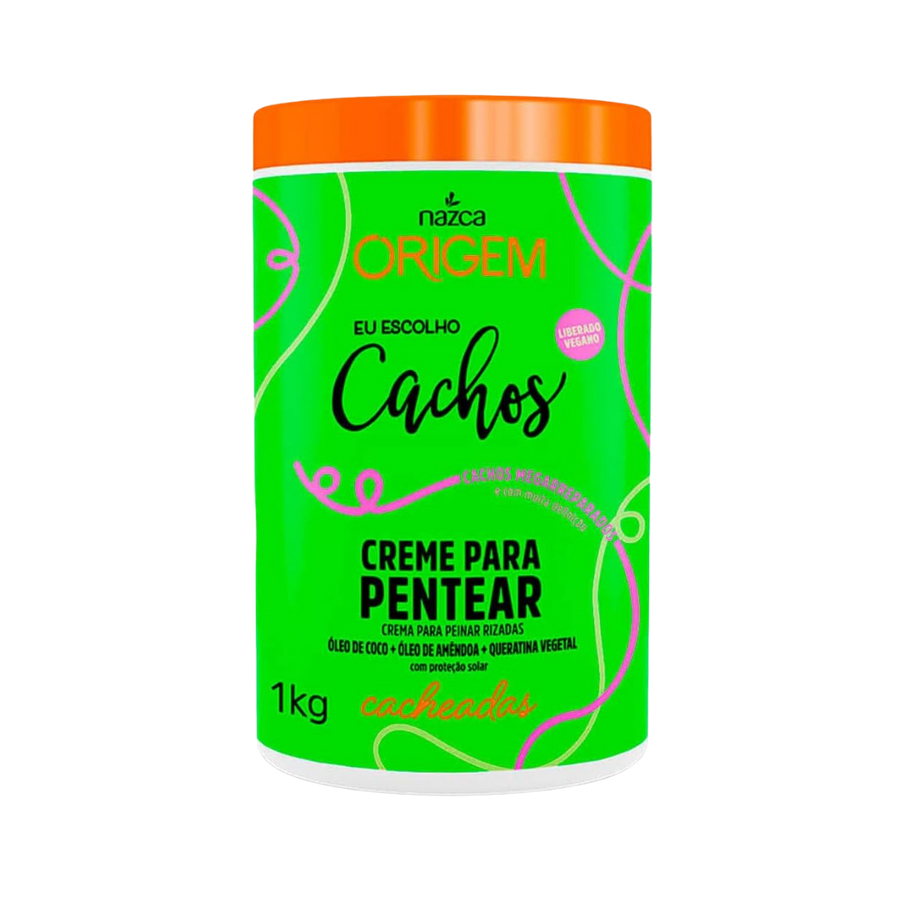 Nazca Origem Cachos Cream for Styling, 1kg. Contains coconut oil, almond oil, and vegetable keratin. Suitable for curly hair.
