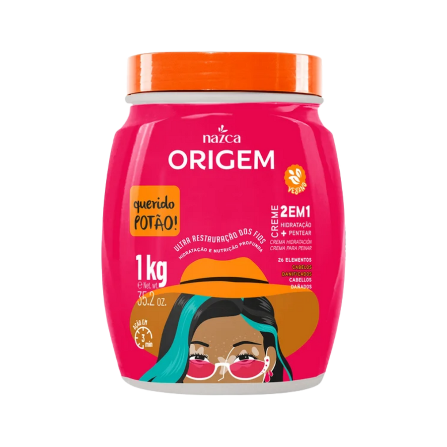 Nazca Origem Querido Potão 2 in 1 Cream, 1kg. Provides hydration and deep restoration for damaged hair. Contains 26 active ingredients.
