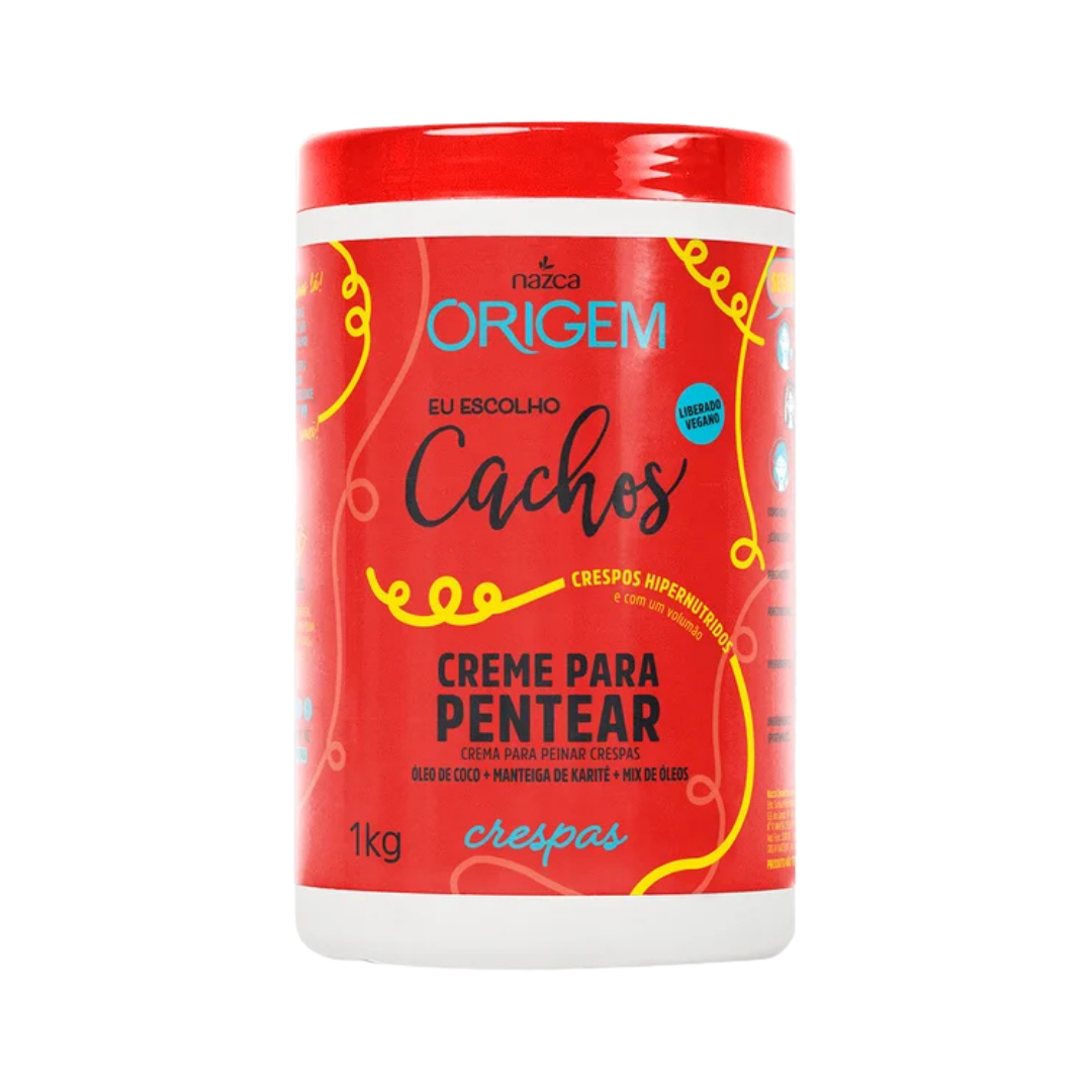 Nazca Origem Cachos Combing Cream for curly hair, 1 kg jar with red lid, coconut oil and shea butter.