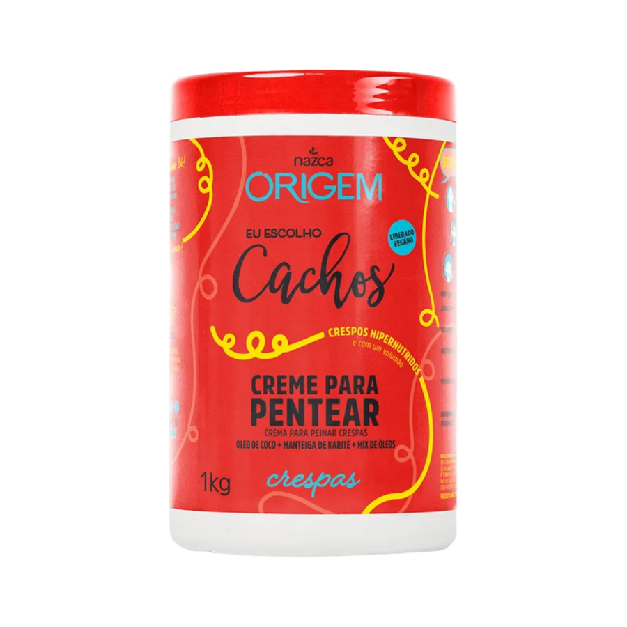 Nazca Origem Cachos Combing Cream for curly hair, 1 kg jar with red lid, coconut oil and shea butter.