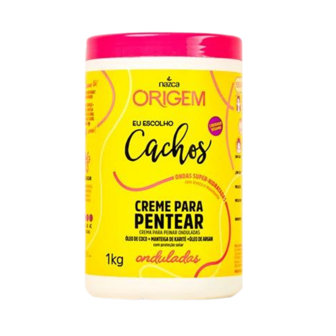 Nazca Origem Eu Escolho Cachos Creme para Pentear Onduladas 1kg yellow jar with pink lid