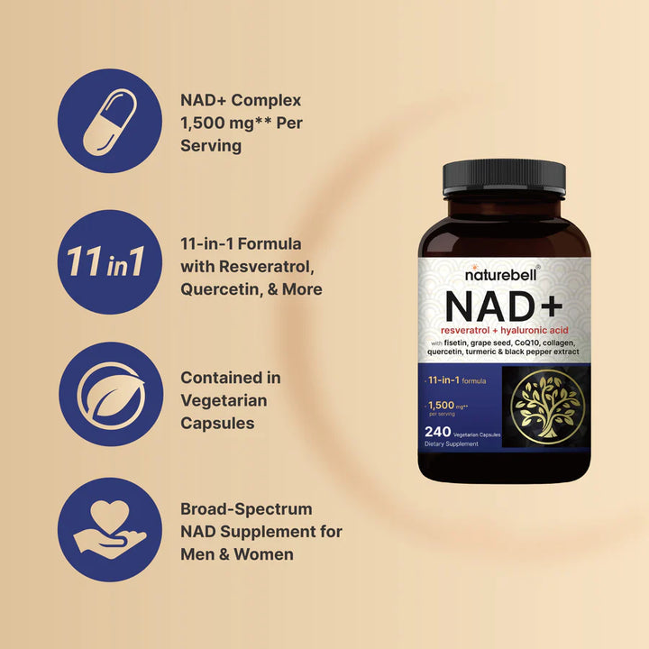 naturebell Nad + Resveratrol + Hyaluronic Acid - 240 Vegetarian Capsules | نيتشر بيل NAD+ مع الريسفيراترول وحمض الهيالورونيك - 240 كبسولة نباتية