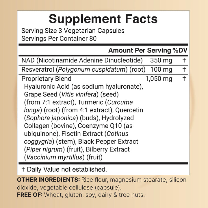 naturebell Nad + Resveratrol + Hyaluronic Acid - 240 Vegetarian Capsules | نيتشر بيل NAD+ مع الريسفيراترول وحمض الهيالورونيك - 240 كبسولة نباتية