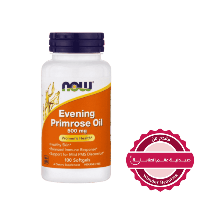 NOW Evening Primrose Oil 500mg women’s health supplement, white bottle with orange label, 100 softgels