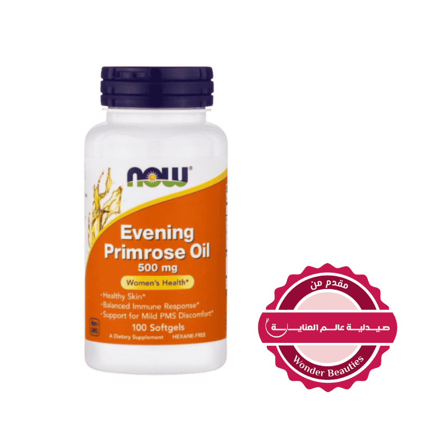 NOW Evening Primrose Oil 500mg women’s health supplement, white bottle with orange label, 100 softgels