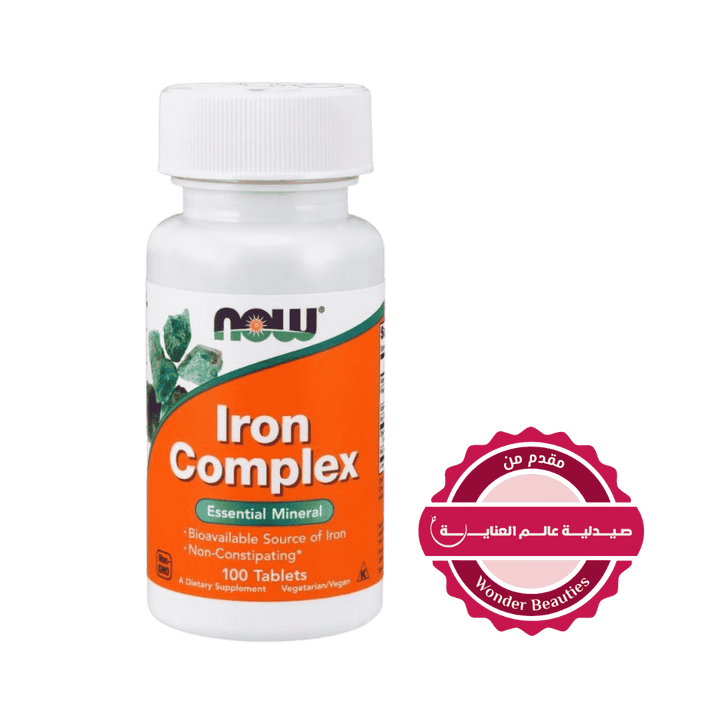 NOW Iron Complex essential mineral supplement, 100 tablets, white bottle with orange green label.