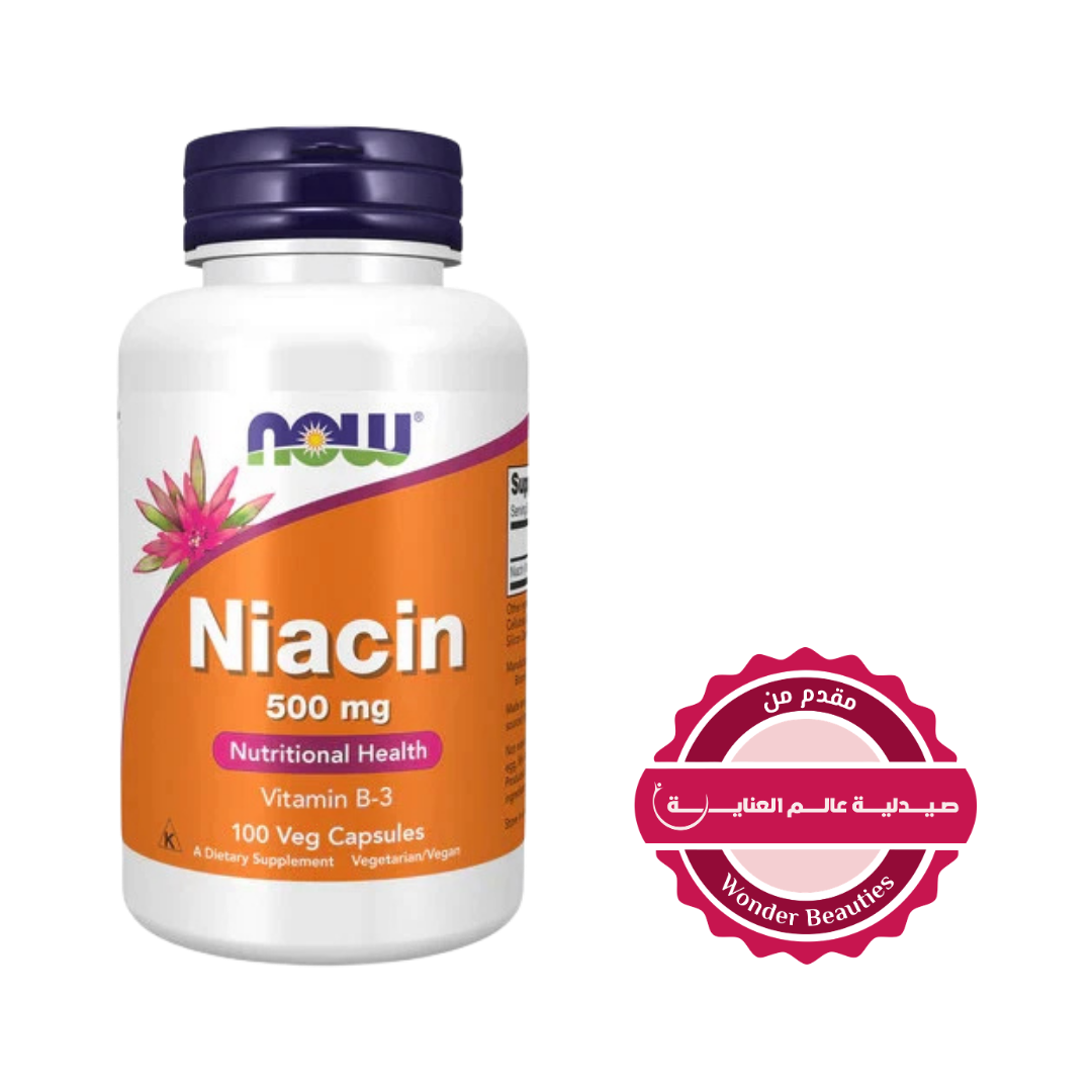 NOW Niacin 500mg Vitamin B-3 100 veg capsules white bottle with purple cap and orange label