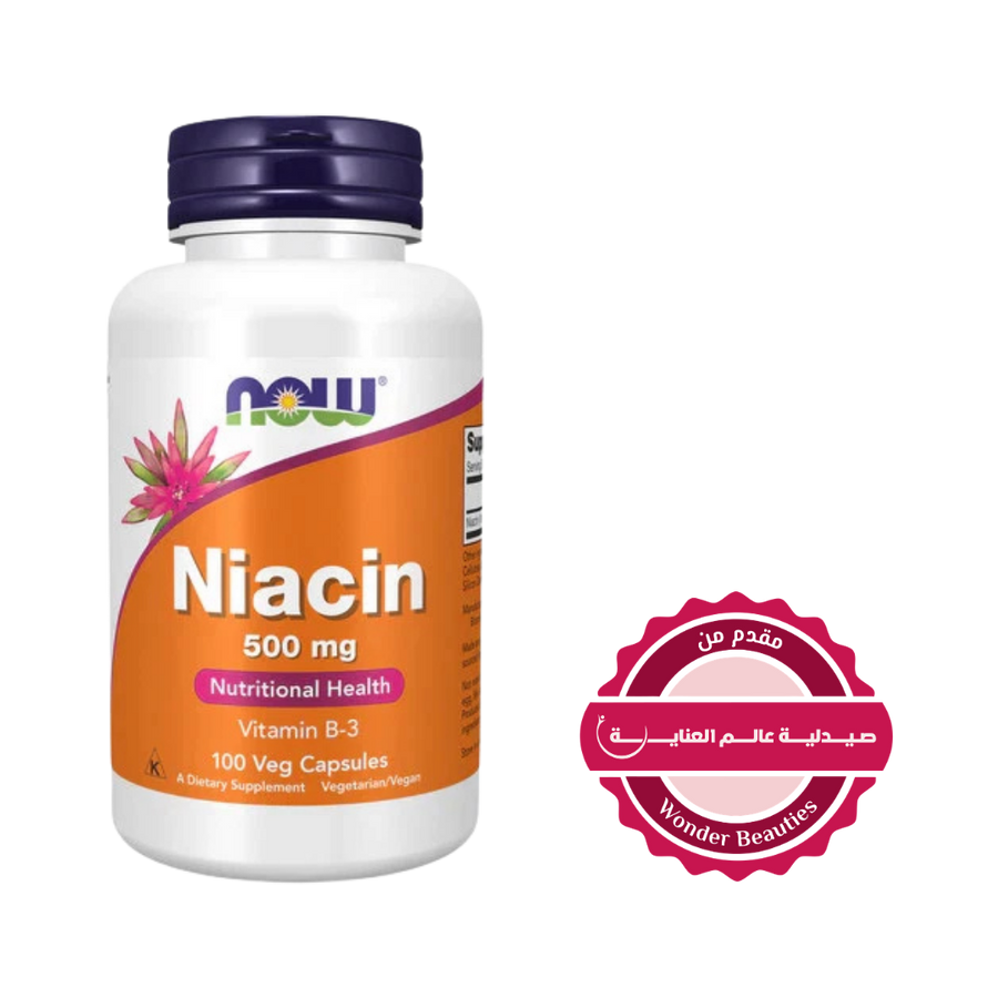 NOW Niacin 500mg Vitamin B-3 100 veg capsules white bottle with purple cap and orange label