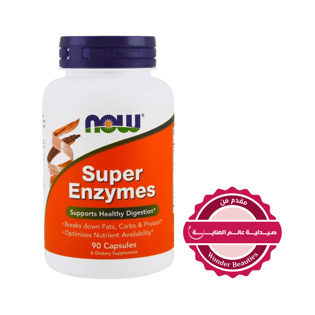 NOW Super Enzymes digestive supplement capsules bottle 90 capsules supports healthy digestion breaks down fats carbs and protein