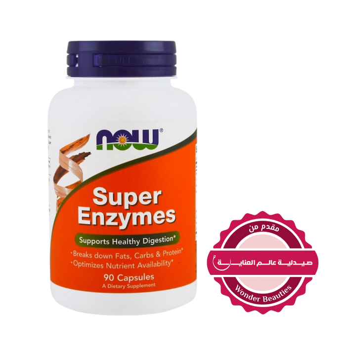 NOW Super Enzymes digestive supplement capsules bottle 90 capsules supports healthy digestion breaks down fats carbs and protein