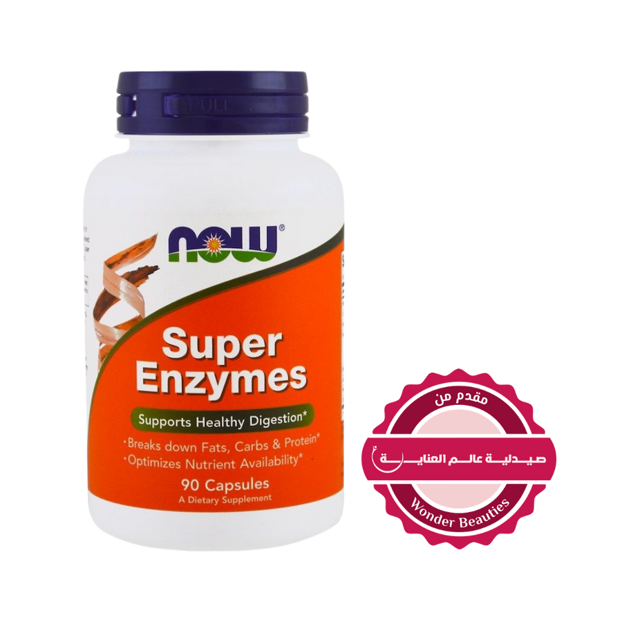 NOW Super Enzymes digestive supplement capsules bottle 90 capsules supports healthy digestion breaks down fats carbs and protein
