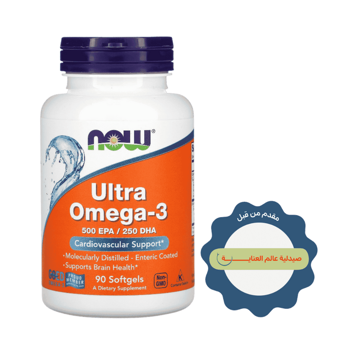 NOW Ultra Omega-3 500 EPA 250 DHA supplement, 90 softgels, orange bottle with purple cap.