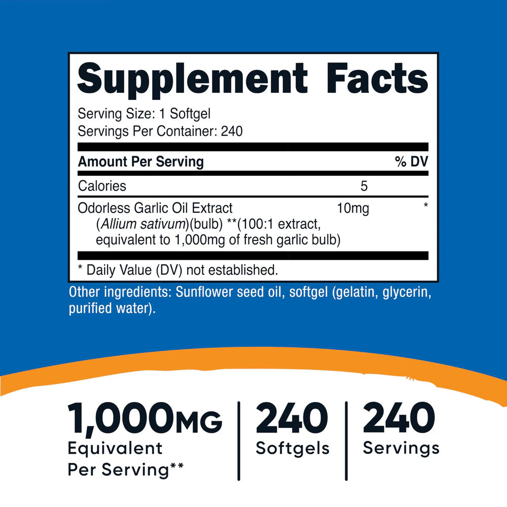 Nutricost Garlic 1000mg - 240 Softgels | نيوتريكوست ثوم 1000 ملغ- 240 كبسولة جيلاتينية