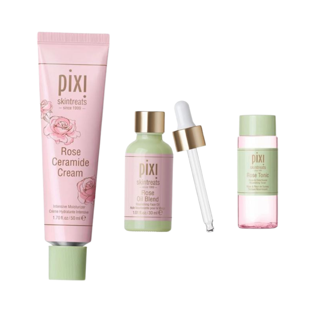 Pixi Rose Skintreats set with Rose Ceramide Cream 50ml, Rose Oil Blend 30ml dropper, Rose Tonic bottle
